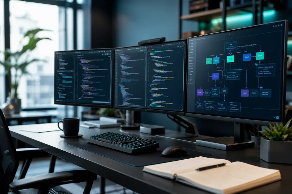 Software architecture and code on screen at the DevHills studio