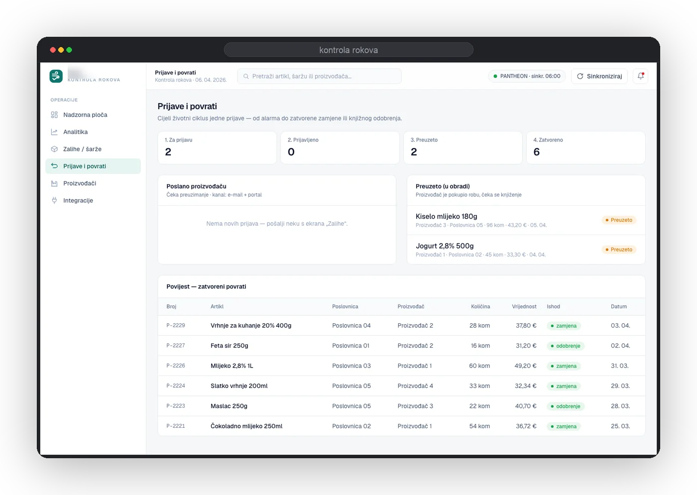 Returns lifecycle screen — the audit trail per batch.